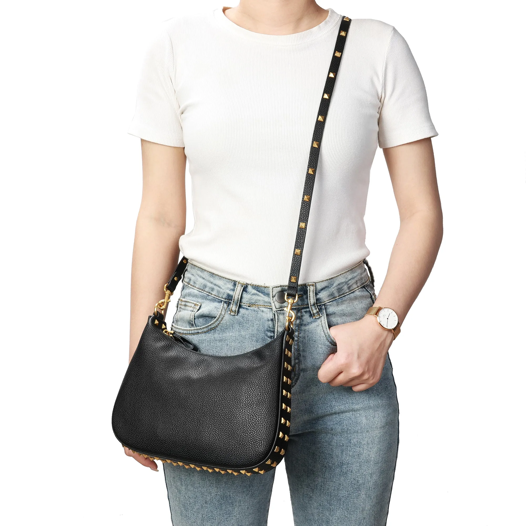 Full-Grain Studded Leather Shoulder/Messenger Bag