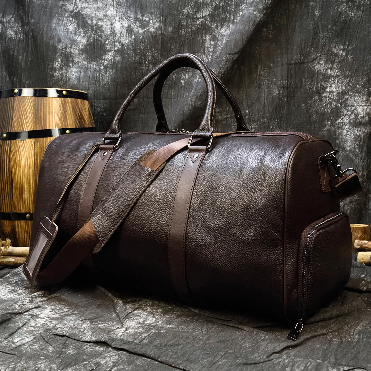 Full Grian Leather Travel Bag with Shoes Compartment Handbag