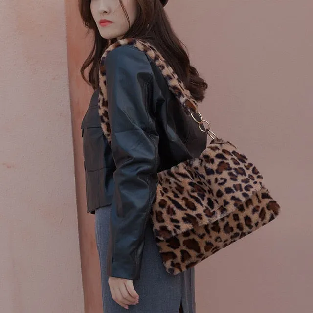 Fur Bag animal print leopard bag women ladies winter warm crossbody bags famous Brand Large Capacity shoudler Clutch 2019 new