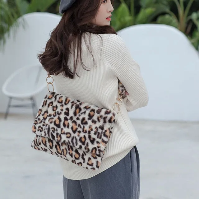 Fur Bag animal print leopard bag women ladies winter warm crossbody bags famous Brand Large Capacity shoudler Clutch 2019 new
