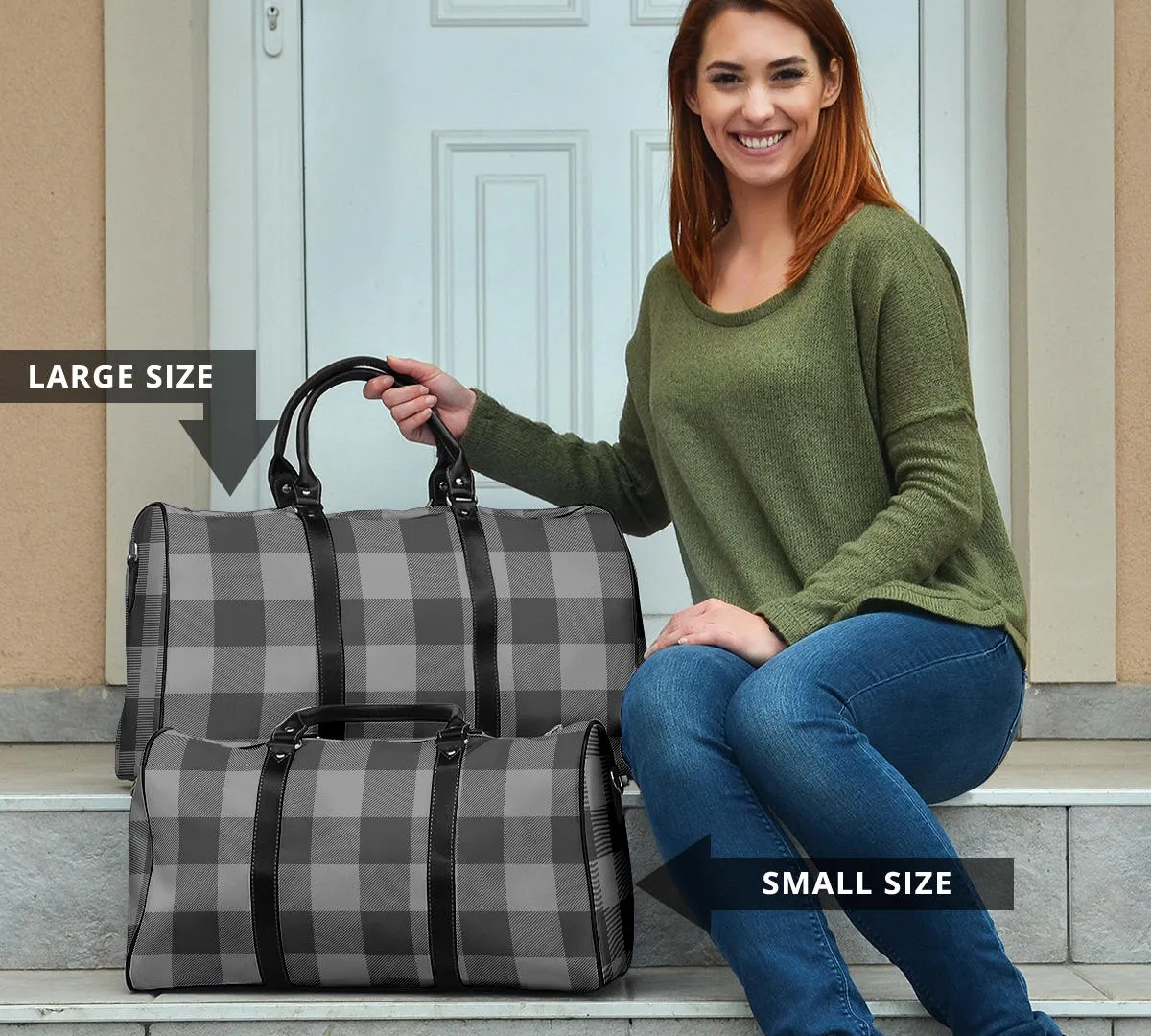 Gray Buffalo Plaid Duffel Travel Bag With Faux Leather Handles