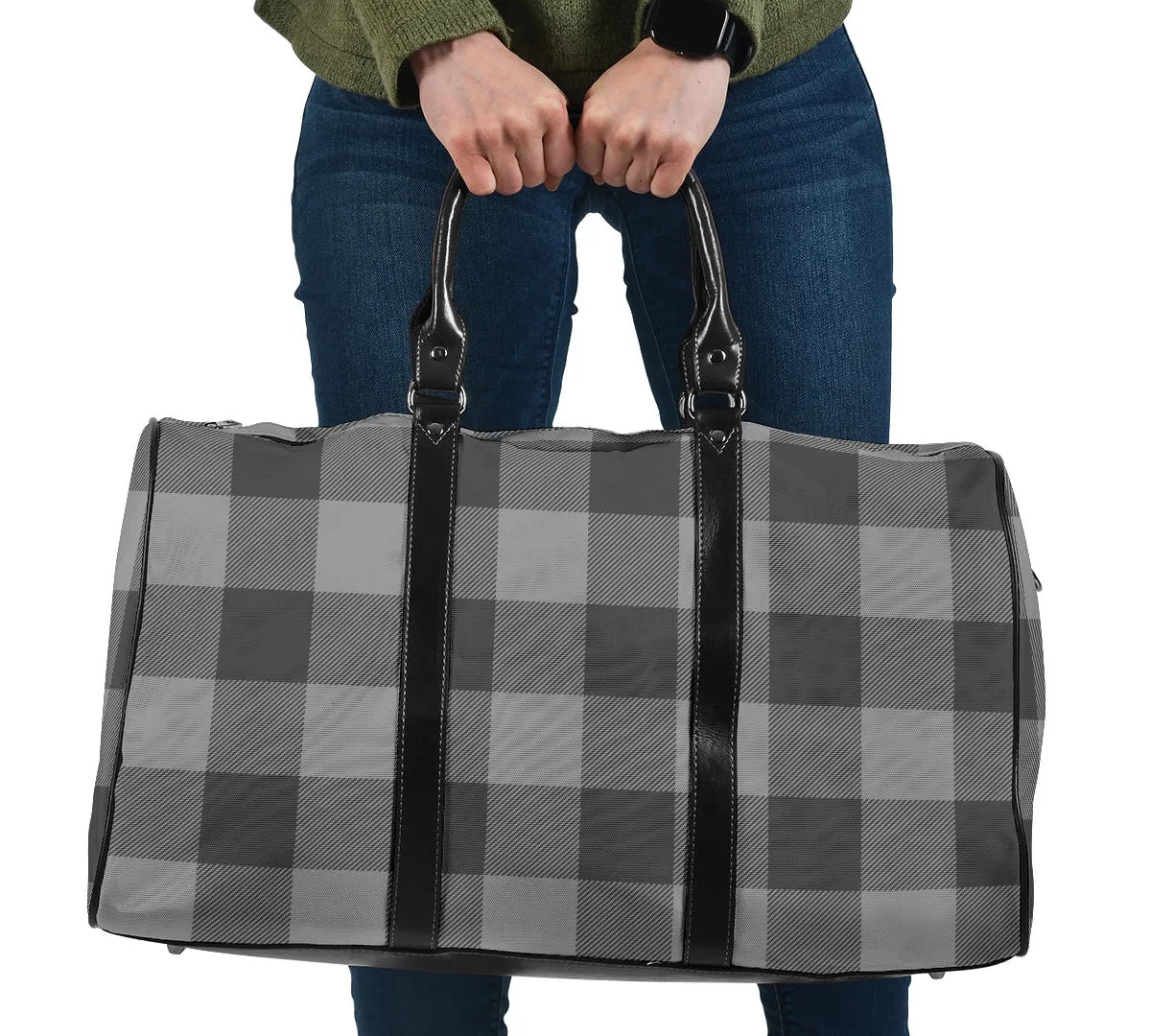 Gray Buffalo Plaid Duffel Travel Bag With Faux Leather Handles