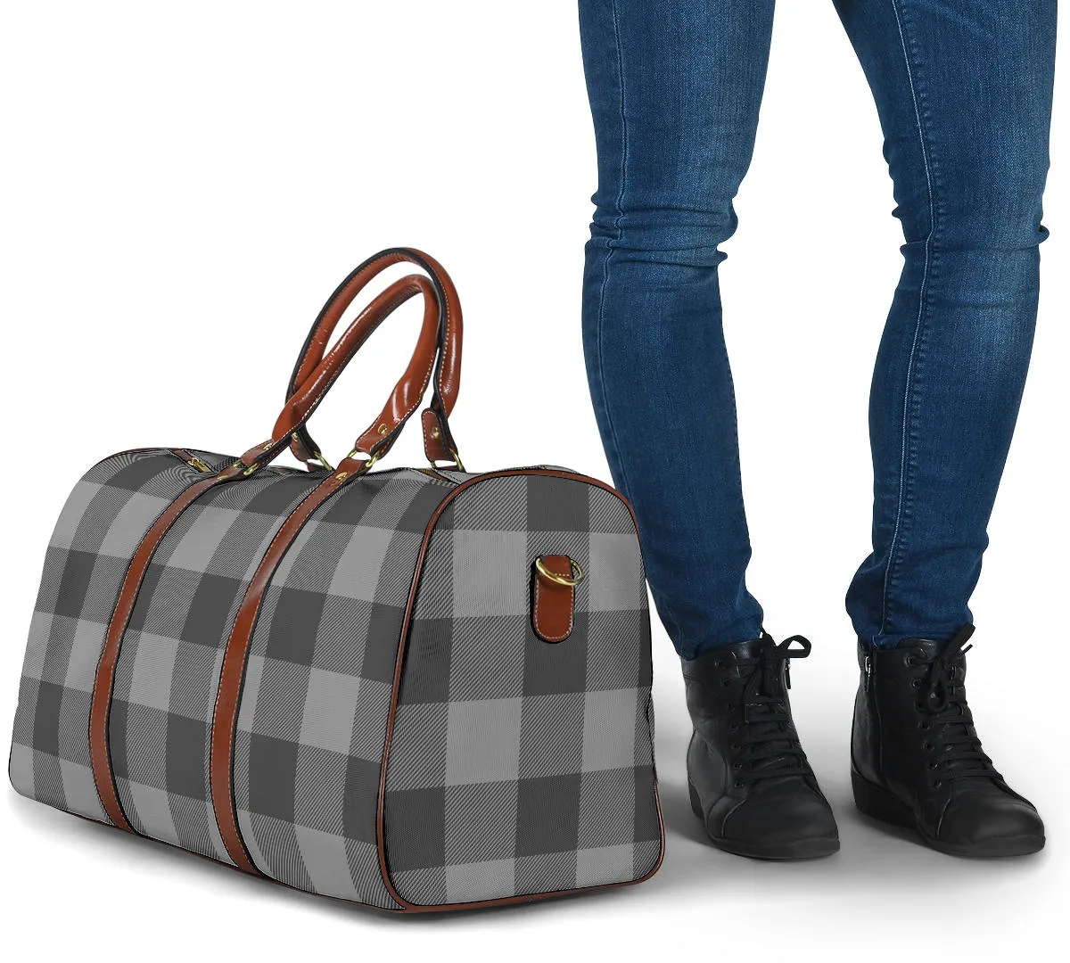Gray Buffalo Plaid Travel Bag Duffel With Brown Faux Leather Handles