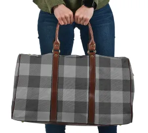 Gray Buffalo Plaid Travel Bag Duffel With Brown Faux Leather Handles
