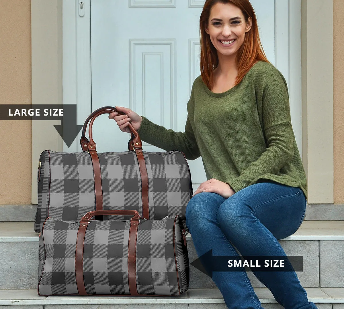 Gray Buffalo Plaid Travel Bag Duffel With Brown Faux Leather Handles