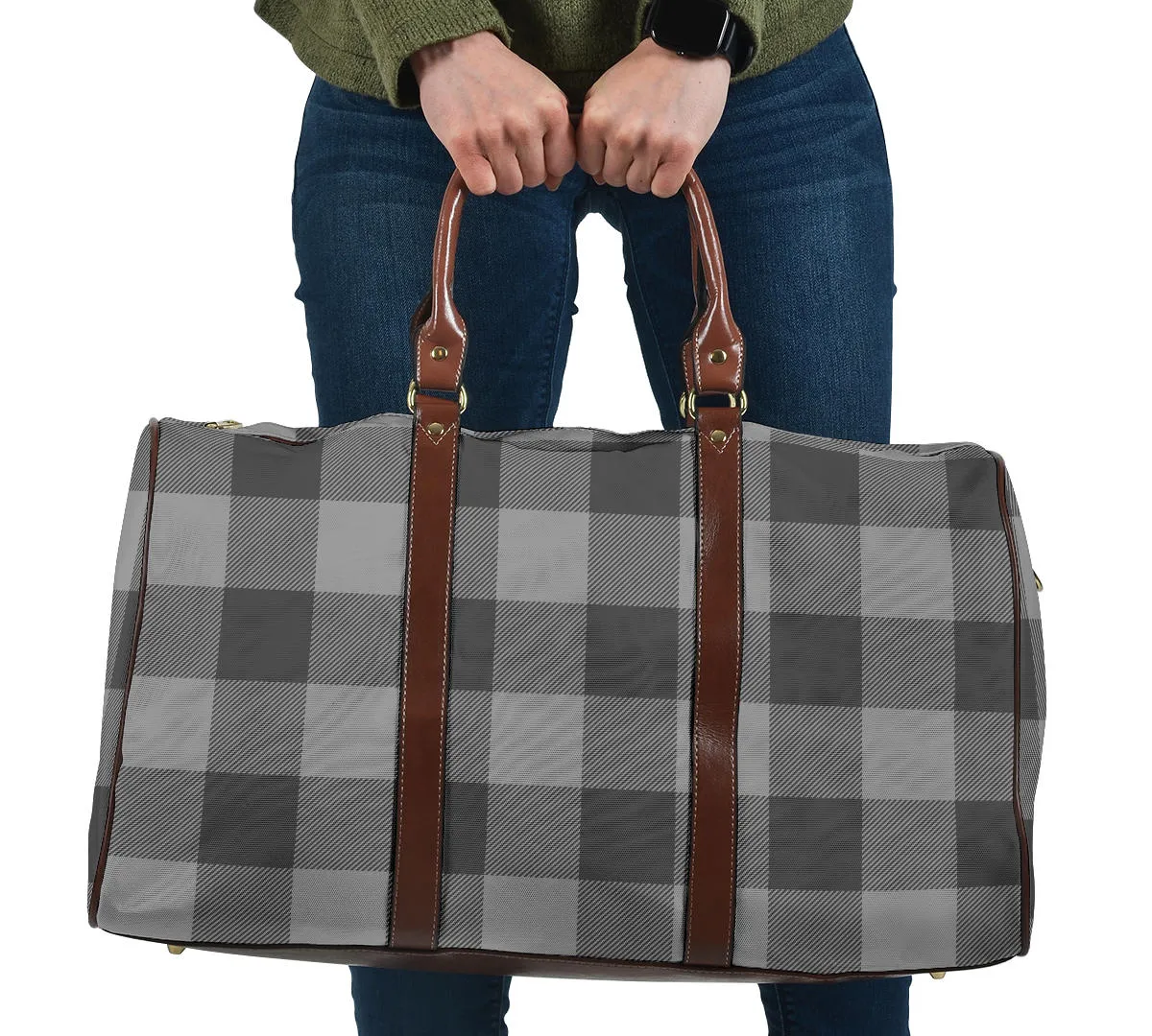 Gray Buffalo Plaid Travel Bag Duffel With Brown Faux Leather Handles