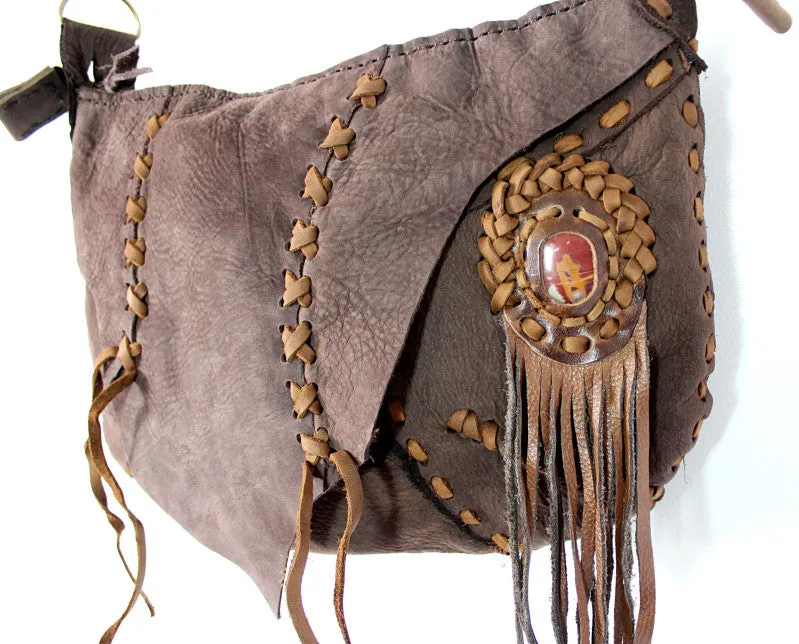 Handmade genuine leather bohemain messenger / hobo convertible bag with hand selected semi- precious stone accent