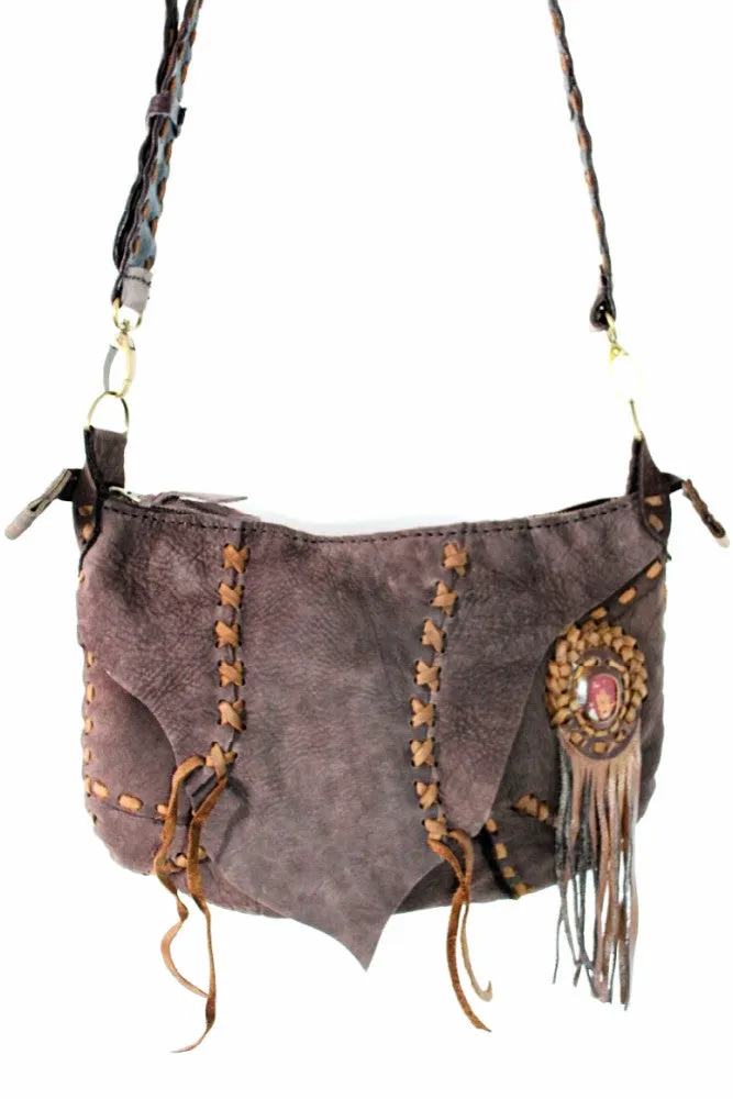 Handmade genuine leather bohemain messenger / hobo convertible bag with hand selected semi- precious stone accent
