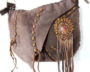 Handmade genuine leather bohemain messenger / hobo convertible bag with hand selected semi- precious stone accent