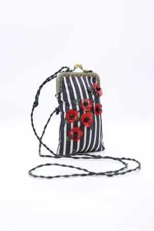 Handmade Glasses Case with Leatherette Strap - Poppy with Leaves