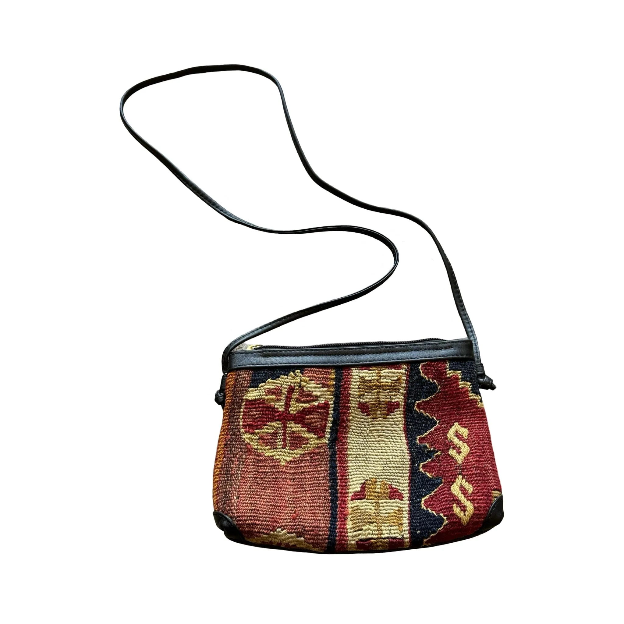 Handmade Kilim Handbag with Thin Leather Cording Strap | 10 x 8