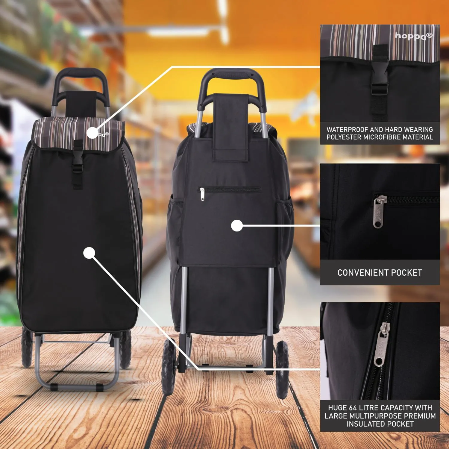 Hoppa Expandable 57L to 64L Lightweight Shopping Trolley 2024 model, Hard Wearing & Foldaway Push/Pull Cart for Easy Storage With 1 Year Guarantee