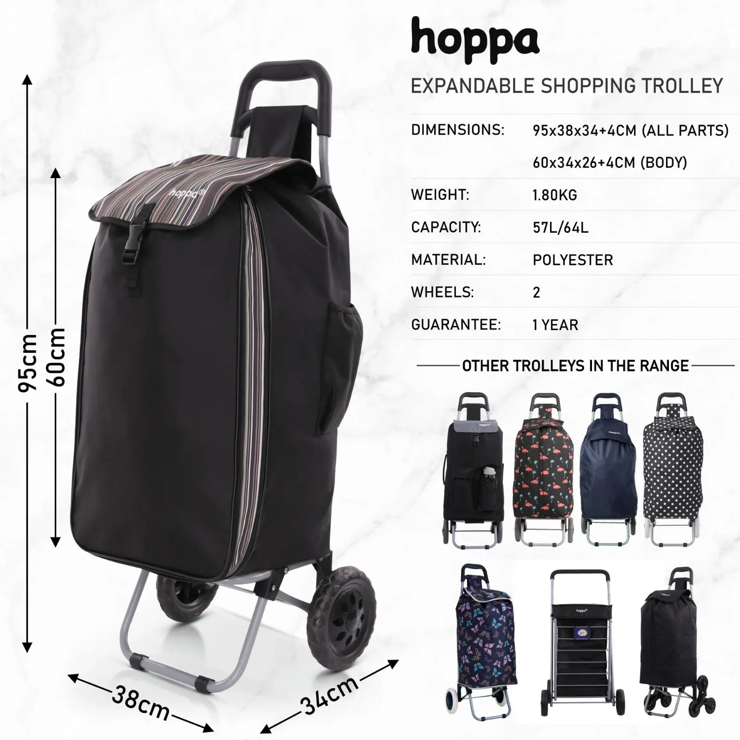 Hoppa Expandable 57L to 64L Lightweight Shopping Trolley 2024 model, Hard Wearing & Foldaway Push/Pull Cart for Easy Storage With 1 Year Guarantee