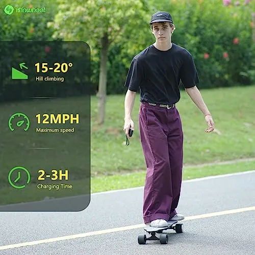 isinwheel V6 Electric Skateboard, 450W Peak Power, 10 Miles Max Range, 12 MPH Top Speed, 8 Layers Maple E-Skateboard with Wireless Remote Control, 3 Speed Adjustment, 264Lbs Max Load