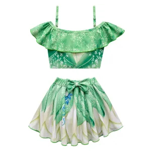 Kids Girls Tiana Swimsuit Cosplay Costume Two-Piece Swimwear Outfits Halloween Carnival Suit