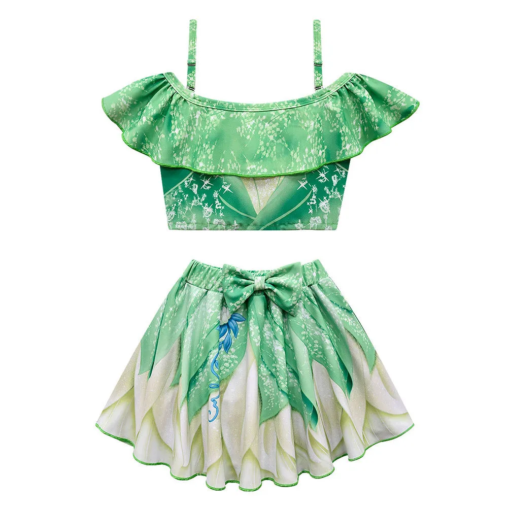 Kids Girls Tiana Swimsuit Cosplay Costume Two-Piece Swimwear Outfits Halloween Carnival Suit