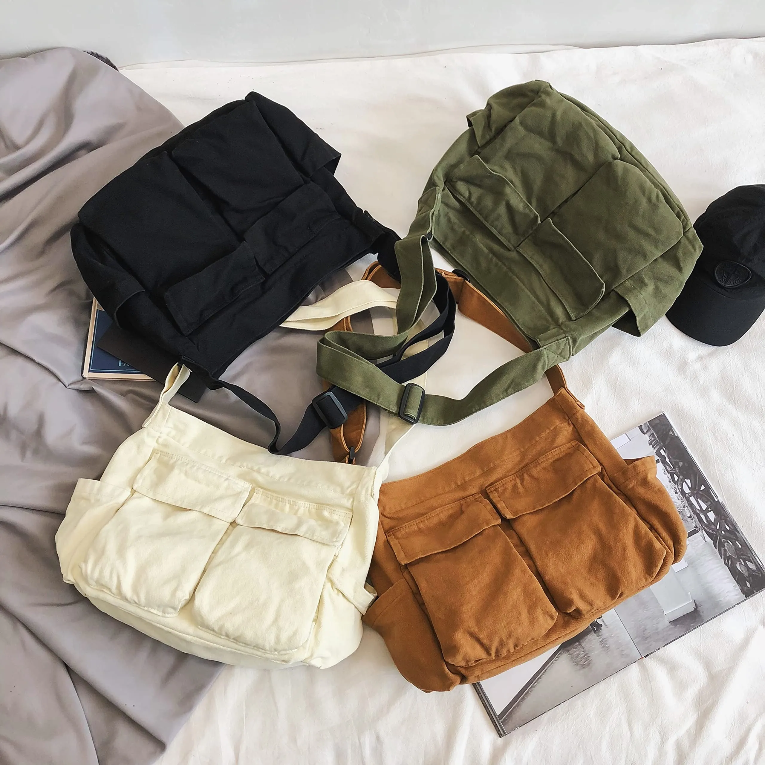 KlaOYer Canvas Messenger Bag Hobo Bag Crossbody Shoulder Bag Tote Bag with Pocket