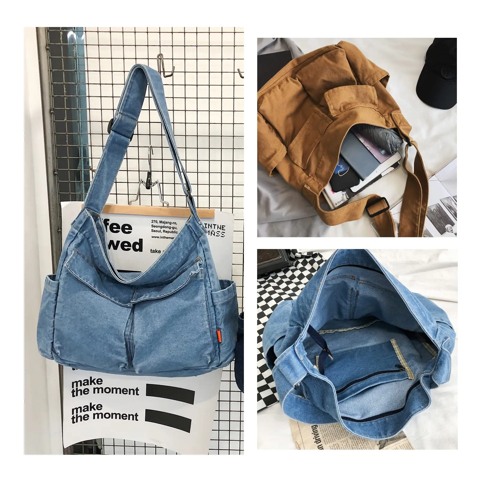 KlaOYer Canvas Messenger Bag Hobo Bag Crossbody Shoulder Bag Tote Bag with Pocket