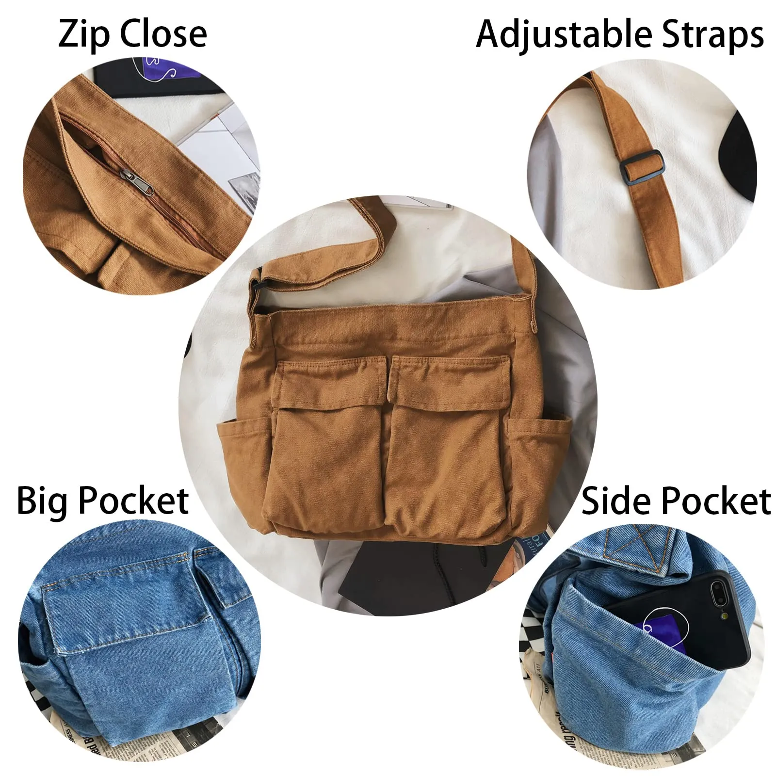 KlaOYer Canvas Messenger Bag Hobo Bag Crossbody Shoulder Bag Tote Bag with Pocket