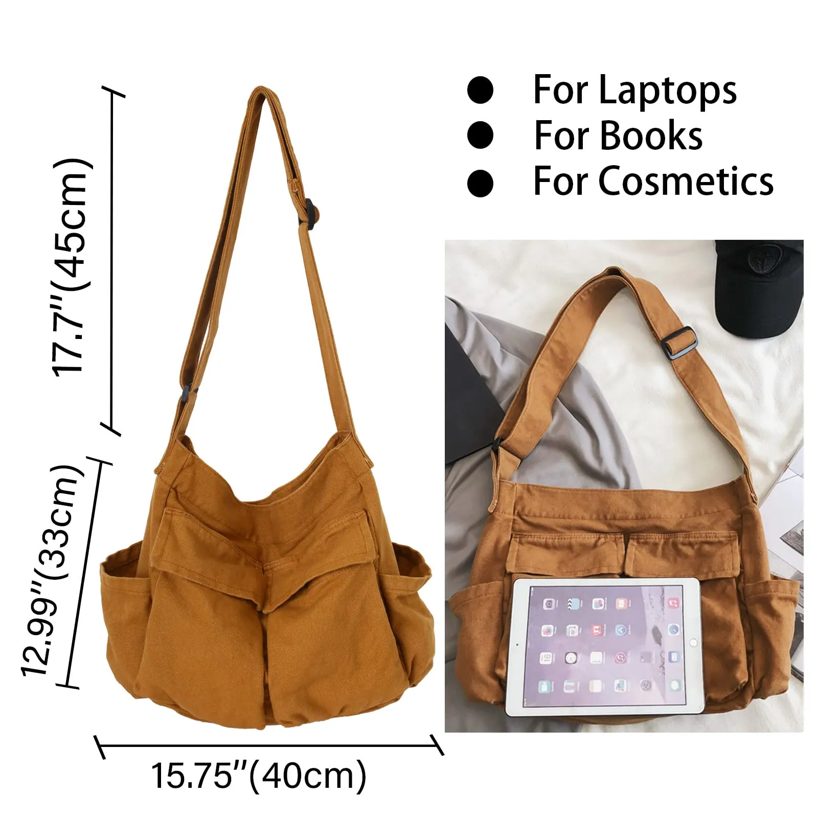 KlaOYer Canvas Messenger Bag Hobo Bag Crossbody Shoulder Bag Tote Bag with Pocket