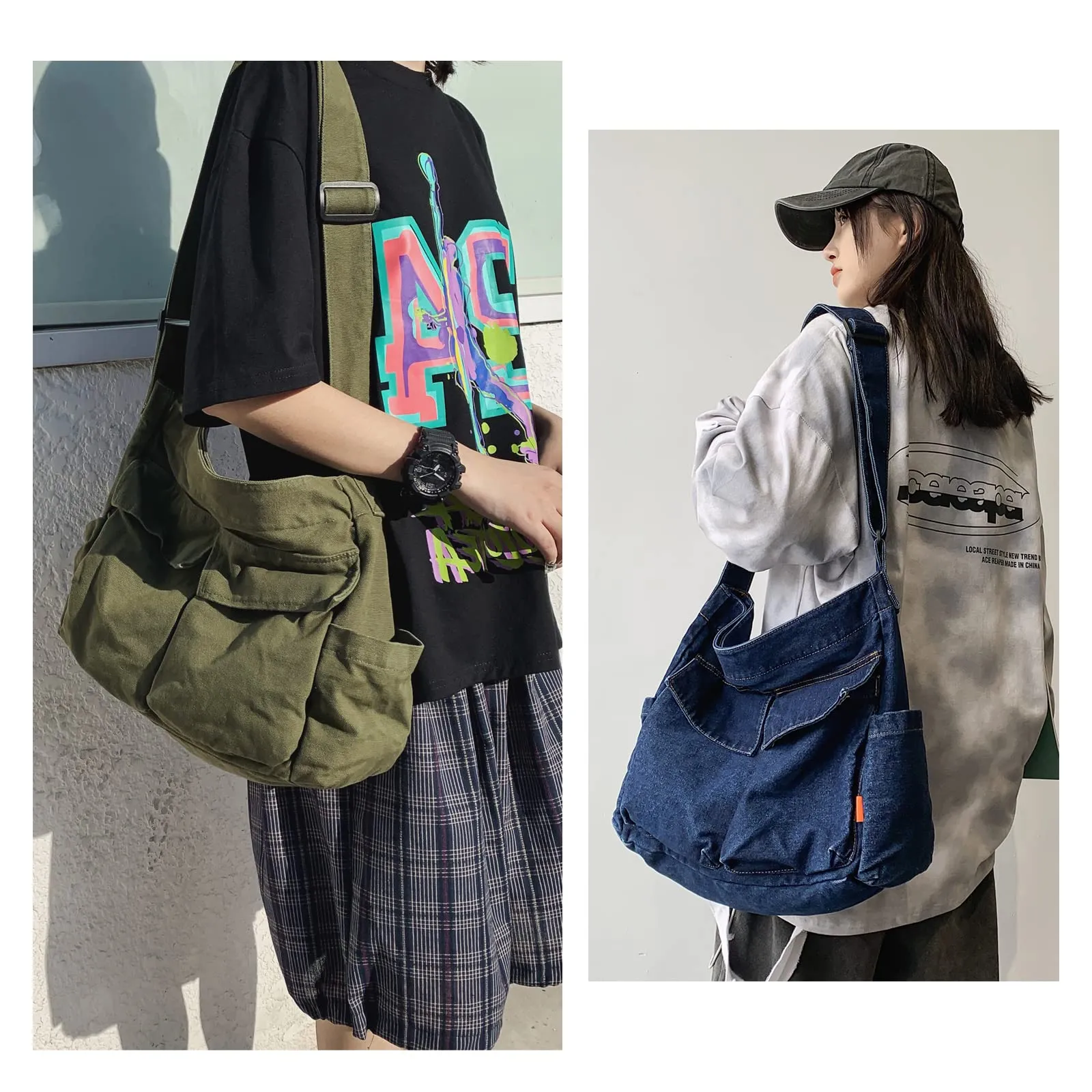 KlaOYer Canvas Messenger Bag Hobo Bag Crossbody Shoulder Bag Tote Bag with Pocket