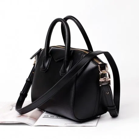 Kylie Calfskin Leather Top Handle Trapezoid Bag - Black