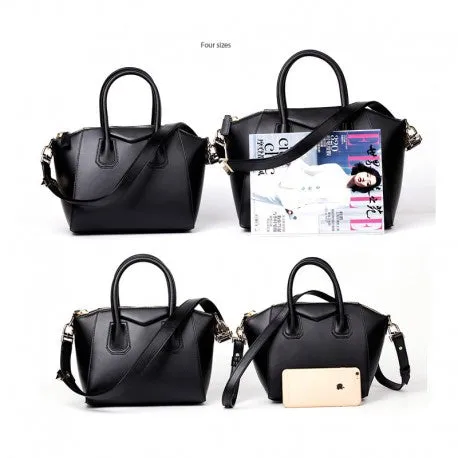 Kylie Calfskin Leather Top Handle Trapezoid Bag - Black