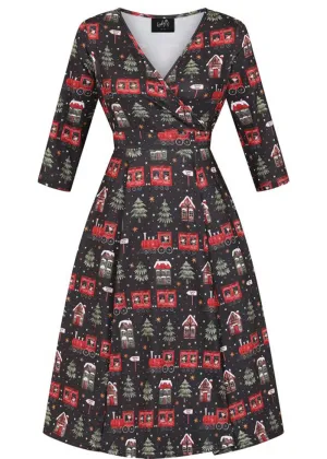 Lady V Lyra Xmas Express Christmas 50's Swing Dress Black