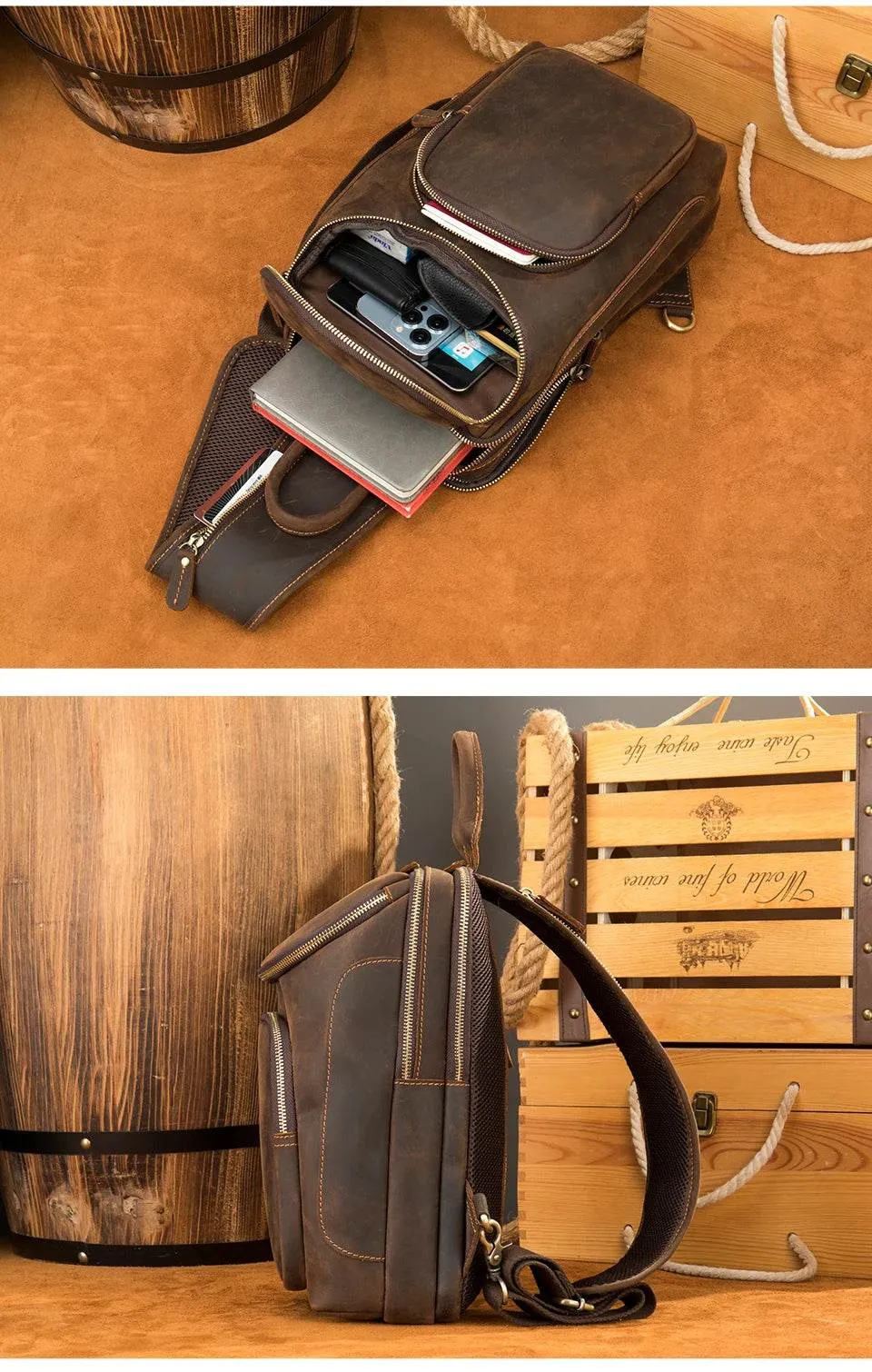 Leather Waist Bag Vintage Chest Pack Sling Bag for Men