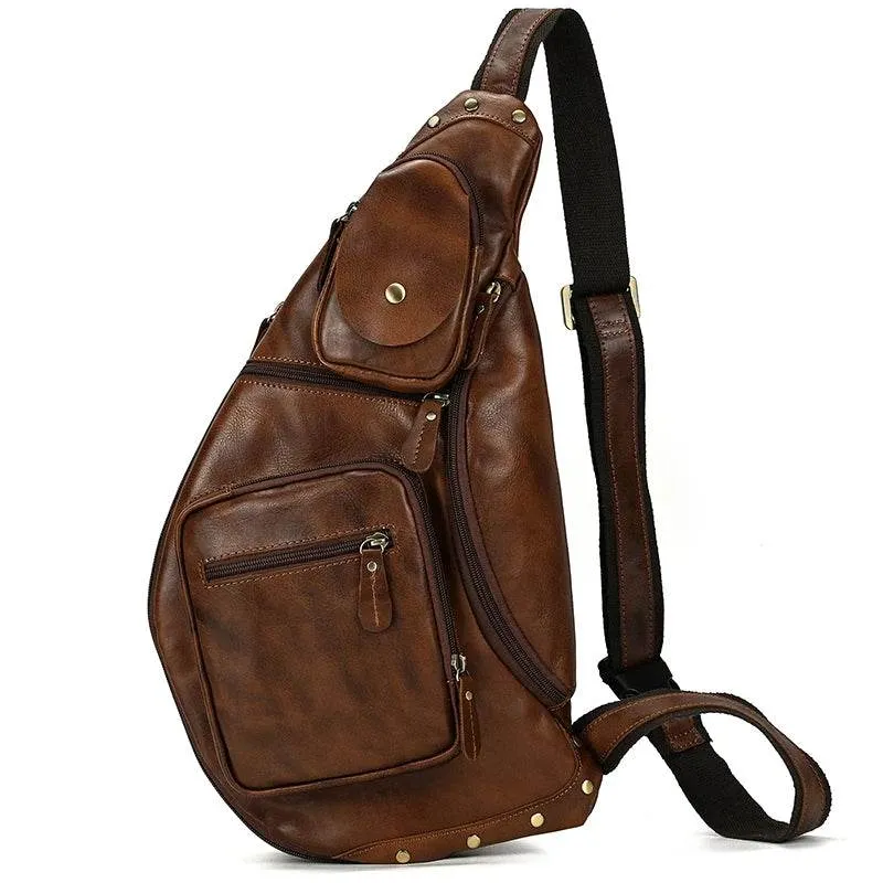 Leather Waist Bag Vintage Chest Pack Sling Bag for Men