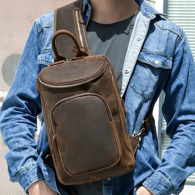 Leather Waist Bag Vintage Chest Pack Sling Bag for Men