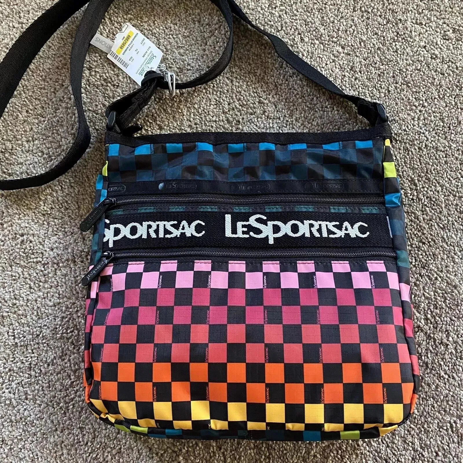 LeSportSac Rainbow Checkers Handbag Zipper Crossbody Bag Pink Yellow Purse NEW