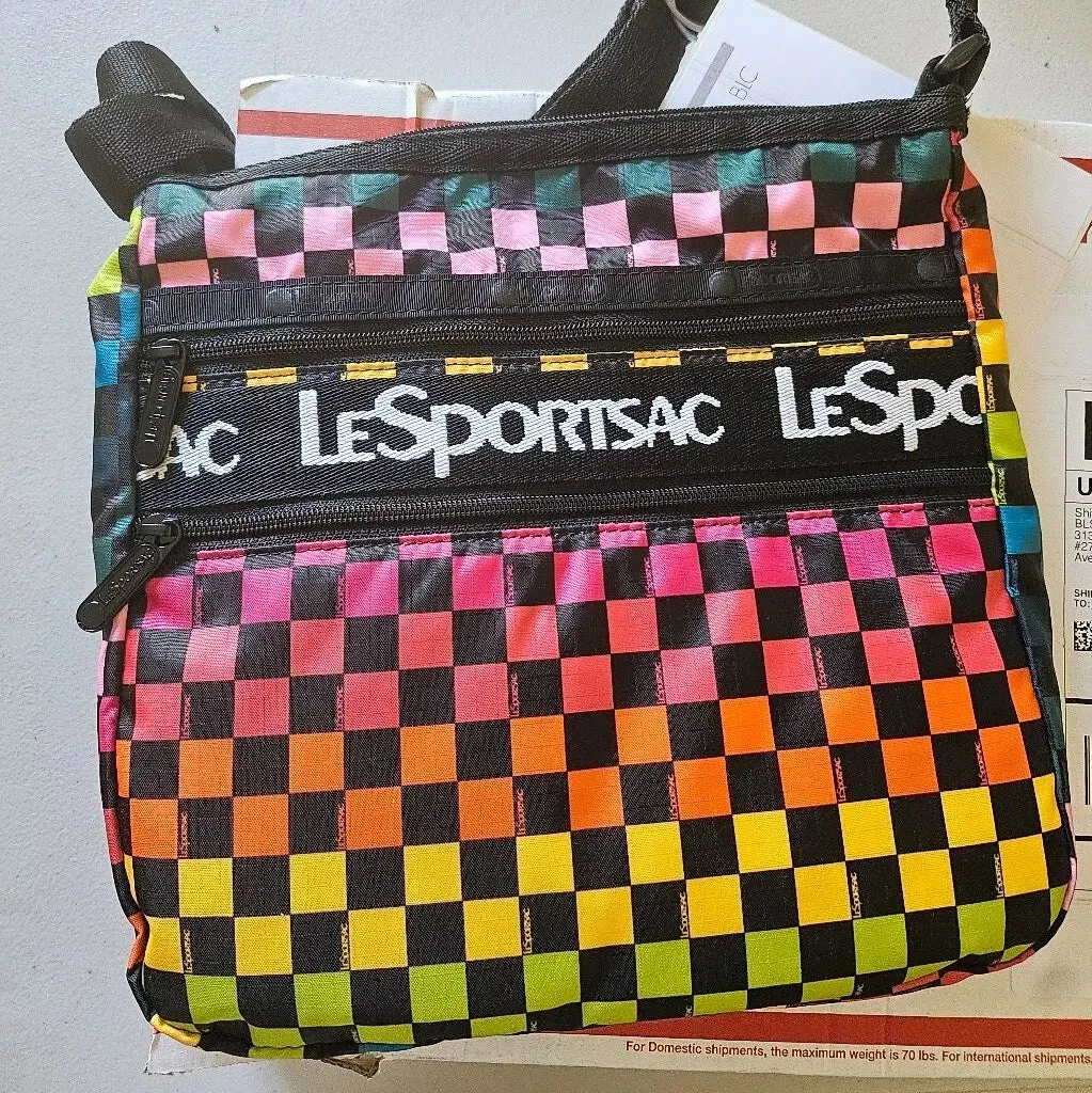 LeSportSac Rainbow Checkers Handbag Zipper Crossbody Bag Pink Yellow Purse NEW