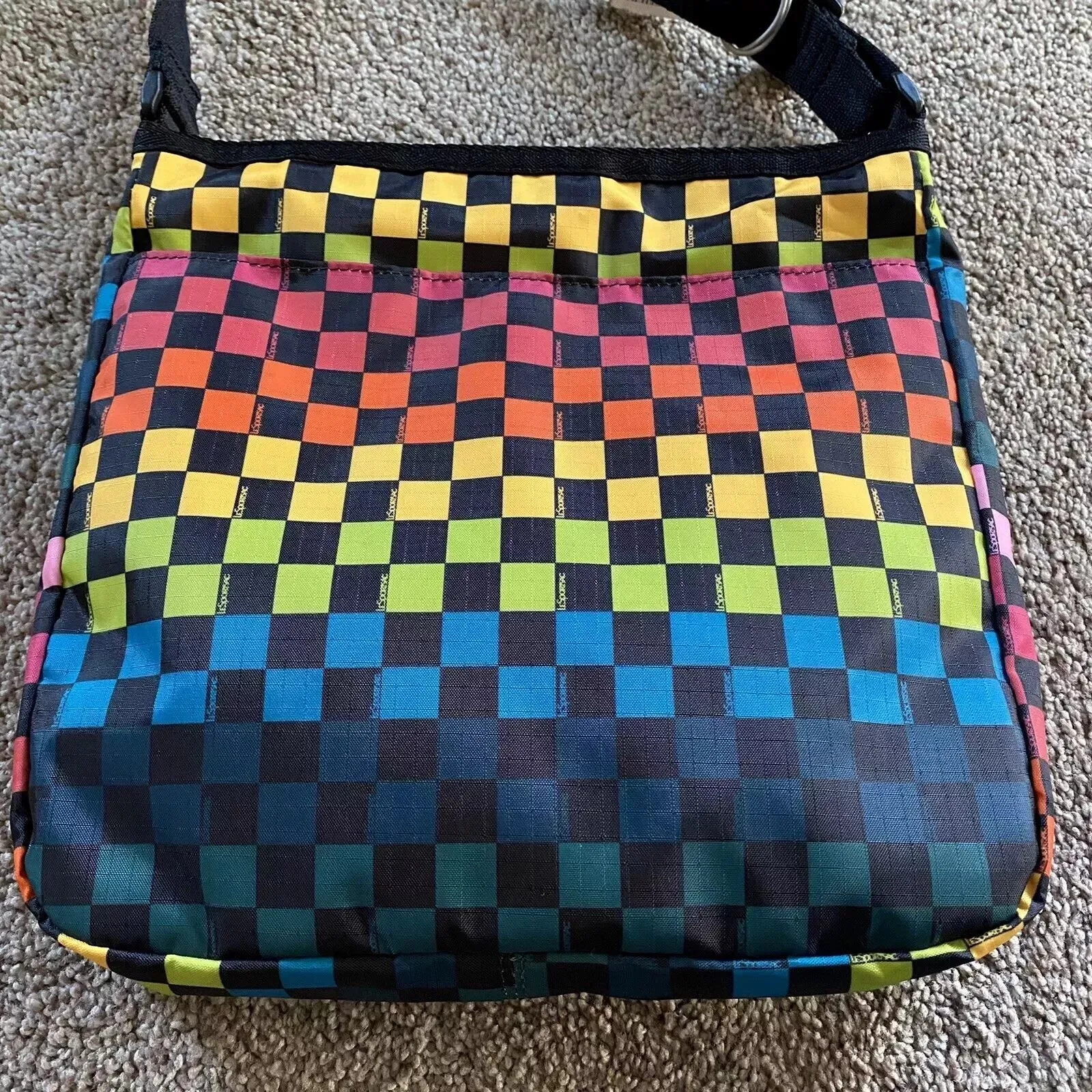 LeSportSac Rainbow Checkers Handbag Zipper Crossbody Bag Pink Yellow Purse NEW