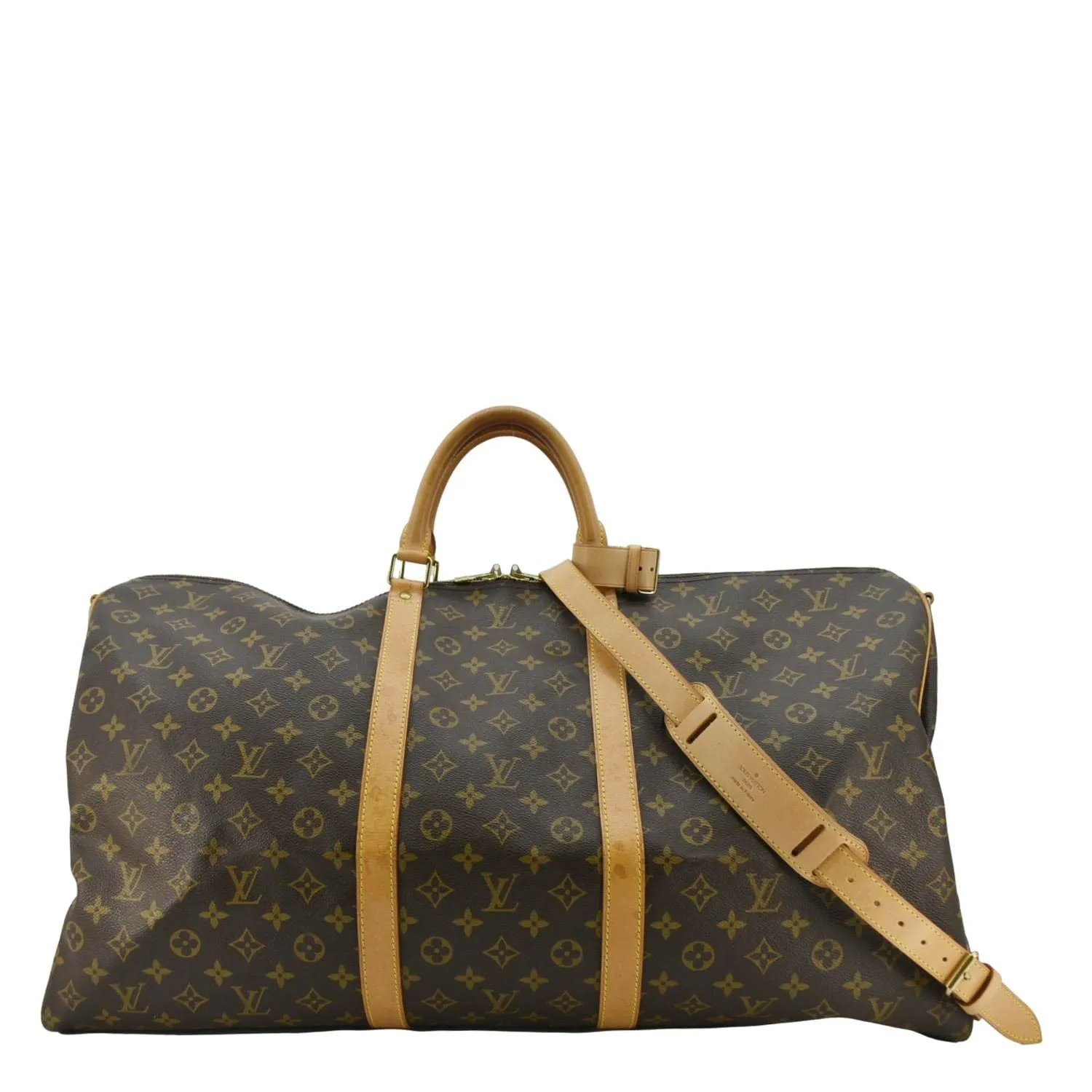 LOUIS VUITTON Keepall 60 Bandouliere Monogram Canvas Travel Bag Brown