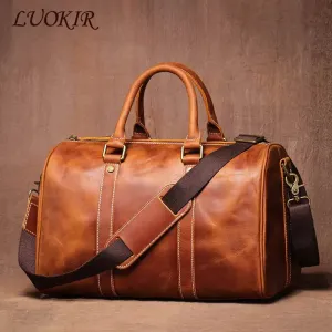 LUOKIR Men's Genuine Leather Handbag Vintage Crazy Horse Short Travel Bag Women's Fitness Luxury Shoulder Messenger Luggage Bags