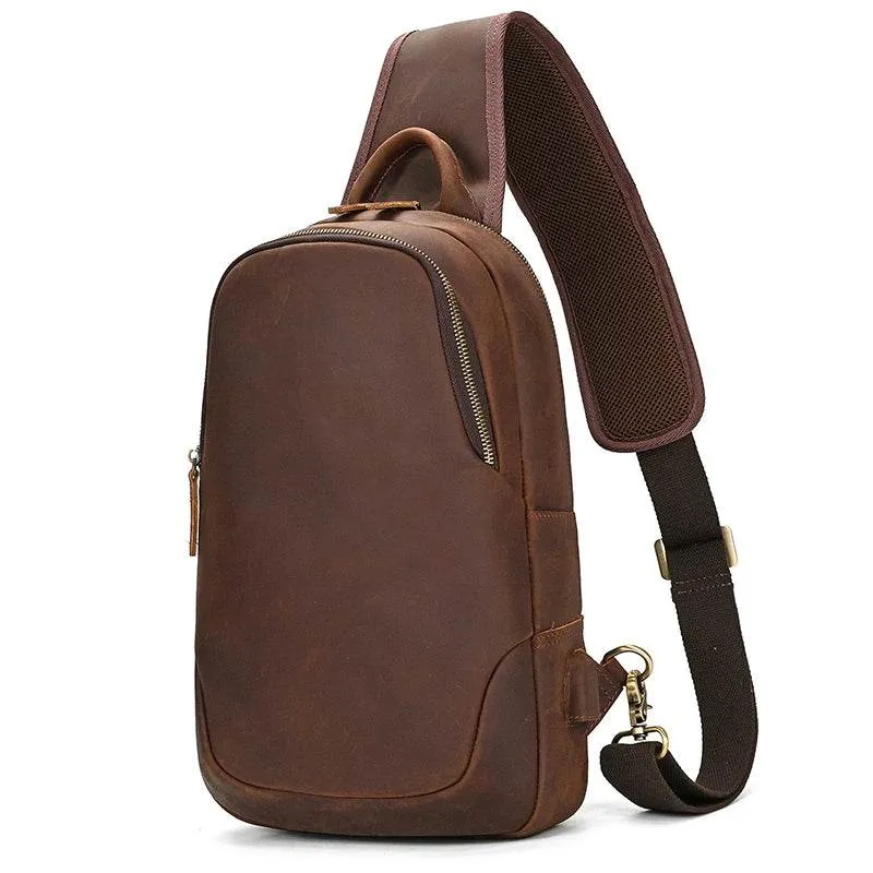 Men’s Leather Chest Bag with USB Cable Crossbody Outdoor Bag