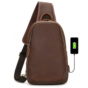 Men’s Leather Chest Bag with USB Cable Crossbody Outdoor Bag
