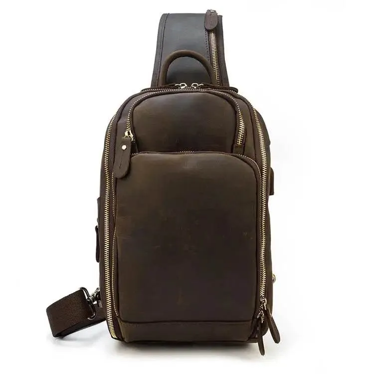 Men’s Leather Chest Bag with USB Cable Crossbody Outdoor Bag