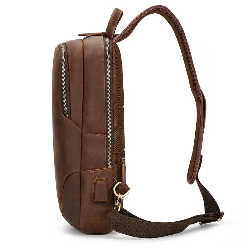 Men’s Leather Chest Bag with USB Cable Crossbody Outdoor Bag