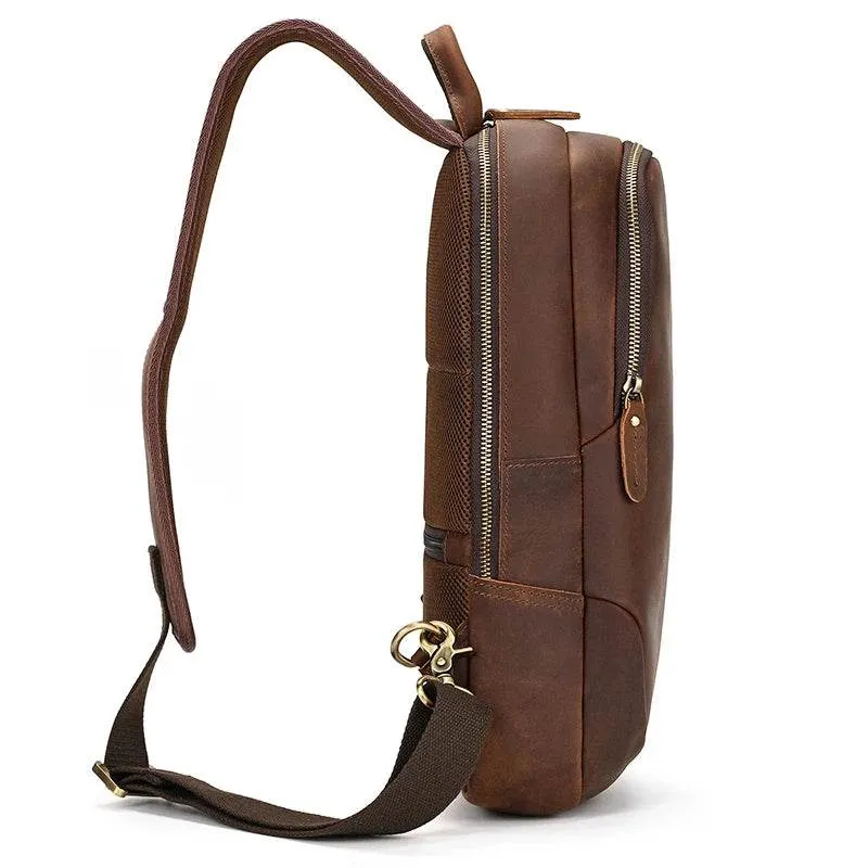 Men’s Leather Chest Bag with USB Cable Crossbody Outdoor Bag