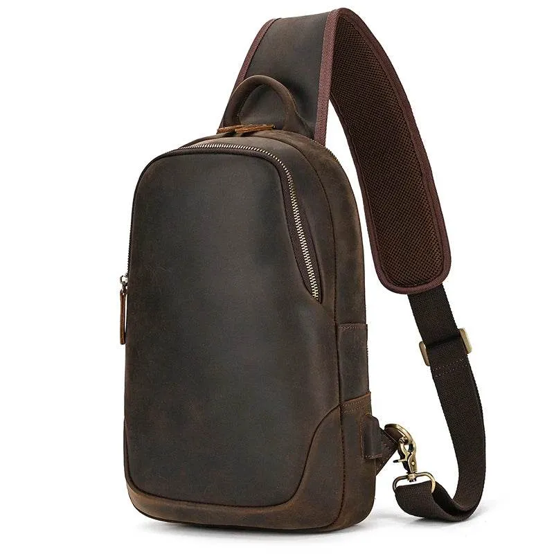 Men’s Leather Chest Bag with USB Cable Crossbody Outdoor Bag