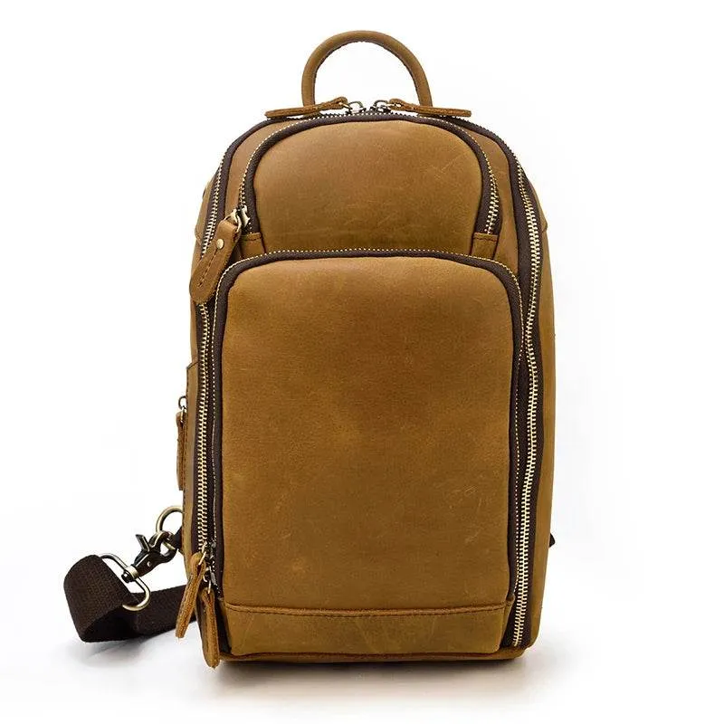 Men’s Leather Chest Bag with USB Cable Crossbody Outdoor Bag