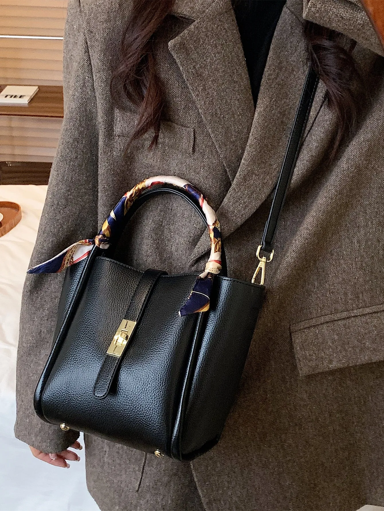 Mini Lychee Embossed Square Bag - Black