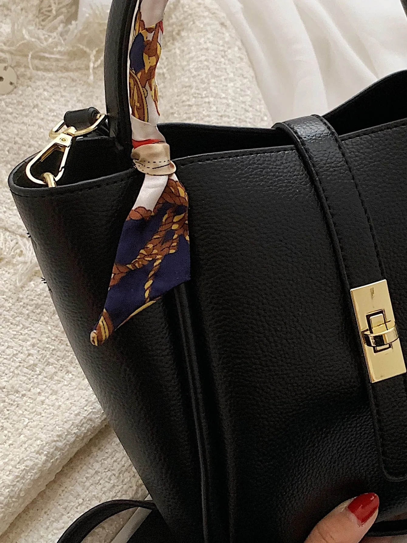 Mini Lychee Embossed Square Bag - Black