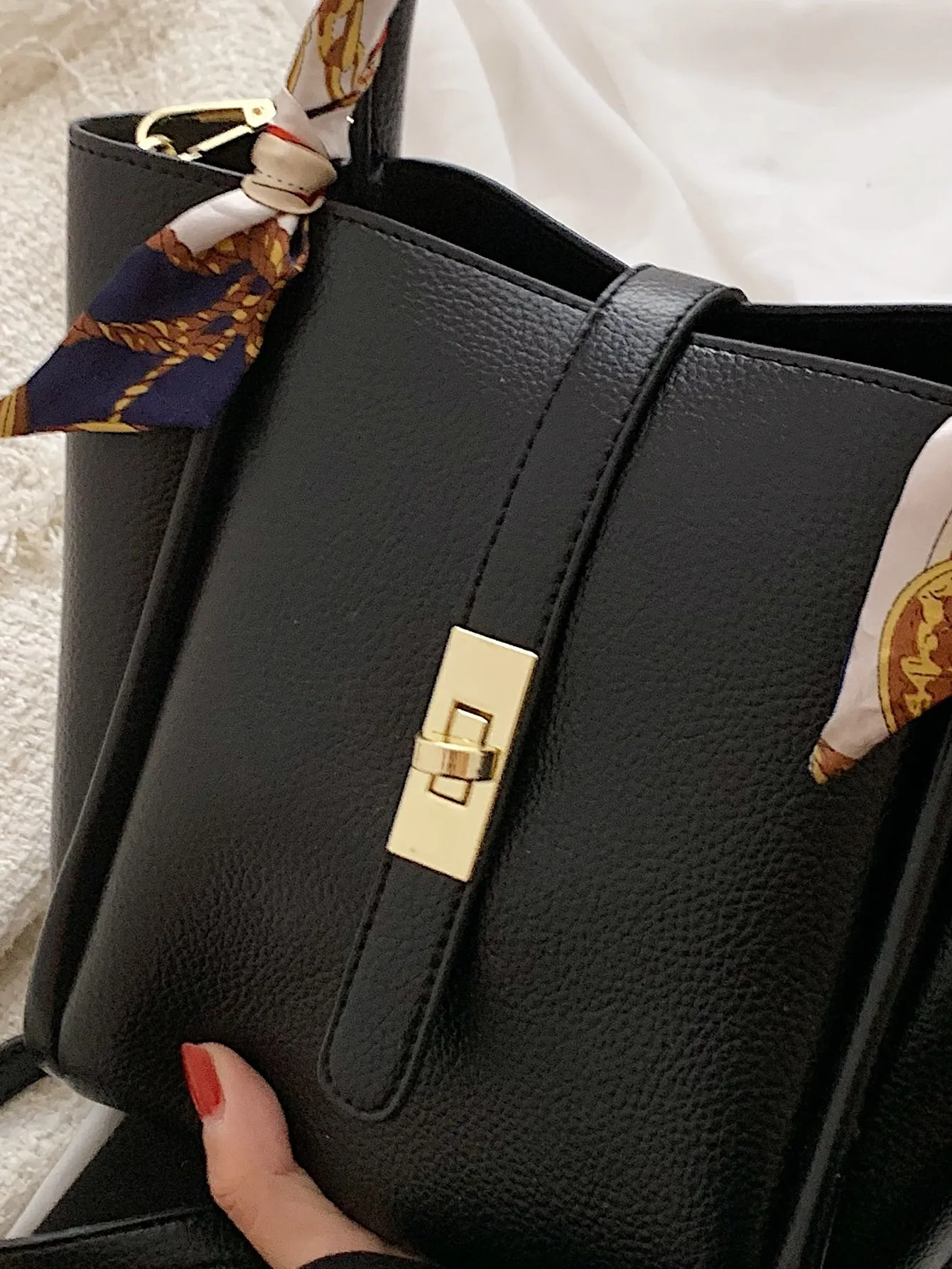 Mini Lychee Embossed Square Bag - Black