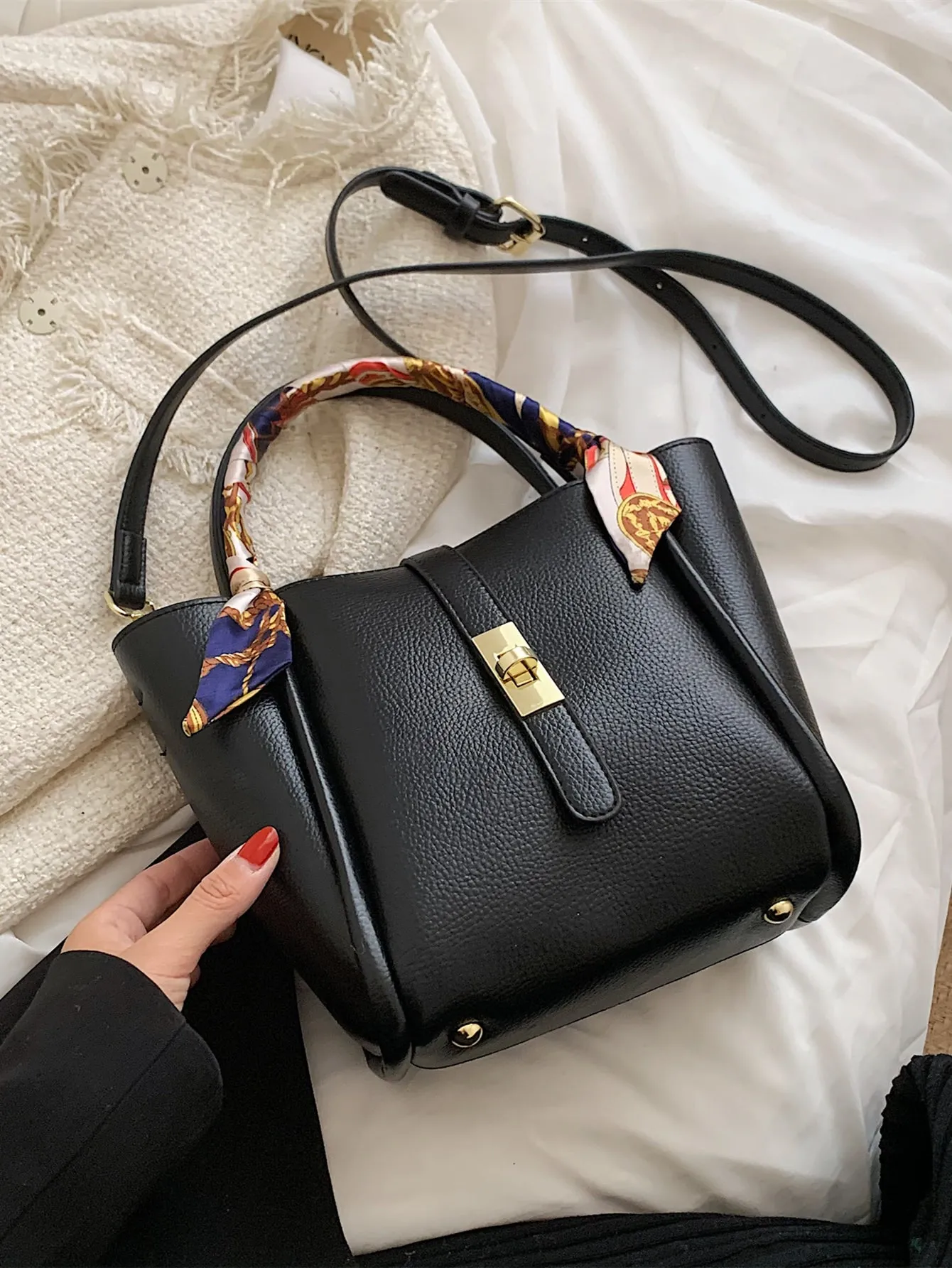 Mini Lychee Embossed Square Bag - Black