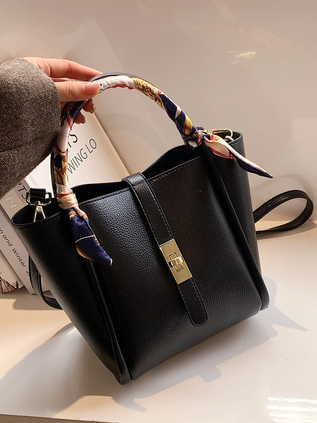 Mini Lychee Embossed Square Bag - Black