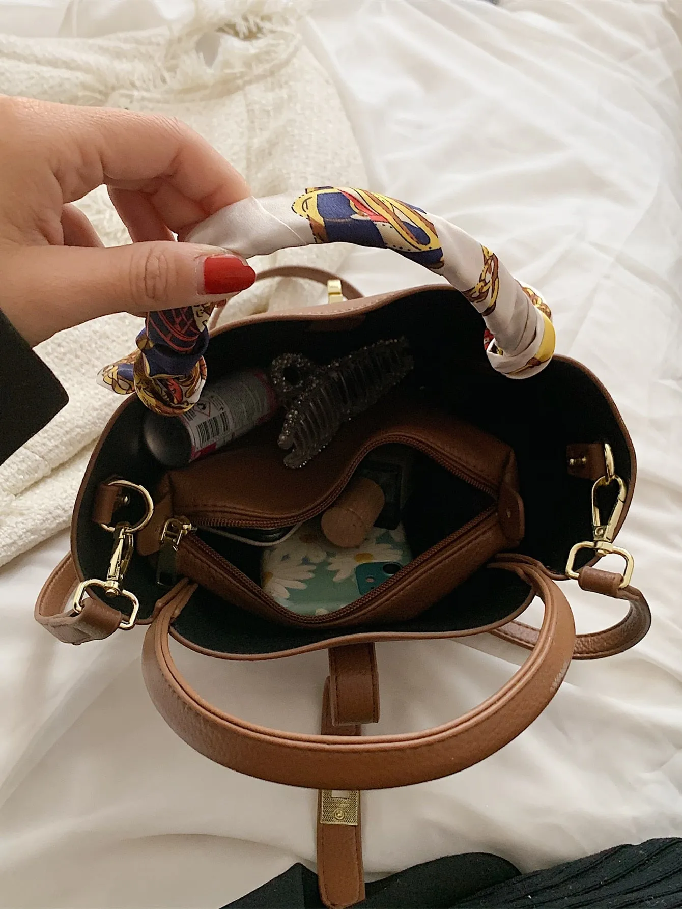 Mini Lychee Embossed Square Bag - Brown- FD ⚡