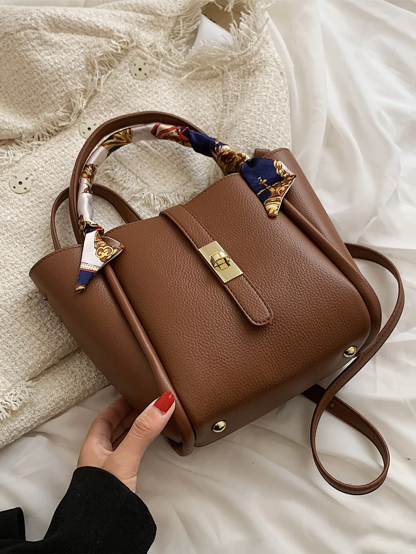 Mini Lychee Embossed Square Bag - Brown- FD ⚡